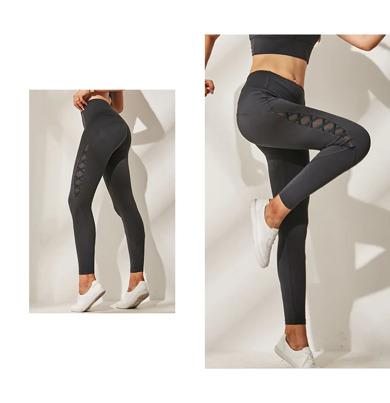 Women High Waist Mesh Strip Solid Color Yoga Pants Leggings Fitness