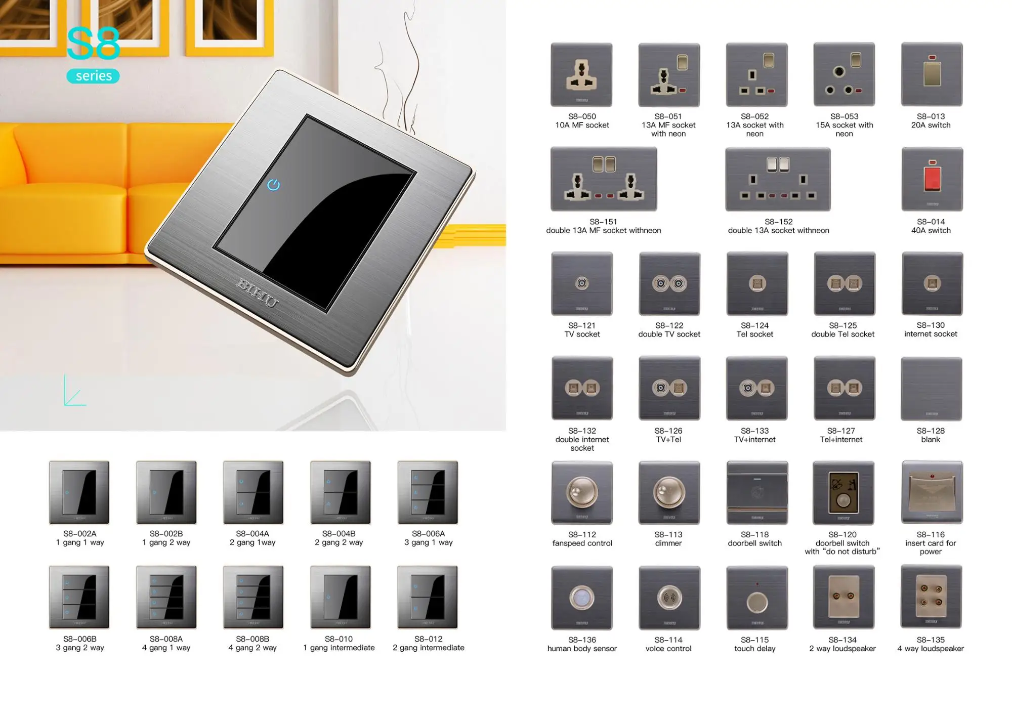 Bihu hot sale stainless steel sliver Single 13A multi light switch socket with led indicator
