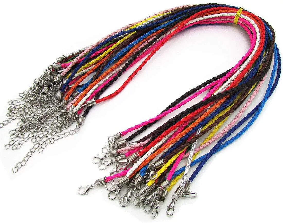 50Pcs Cord Necklace Round Folded Bolo Braided PU Leather Assorted Color Necklace Cord With Lobster Clasp 18''