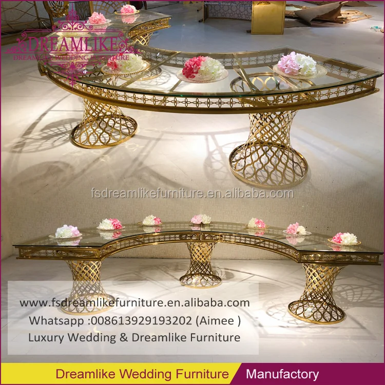 Half Moon Stainless Steel Base Glass Top Banquet Wedding Dinner Table