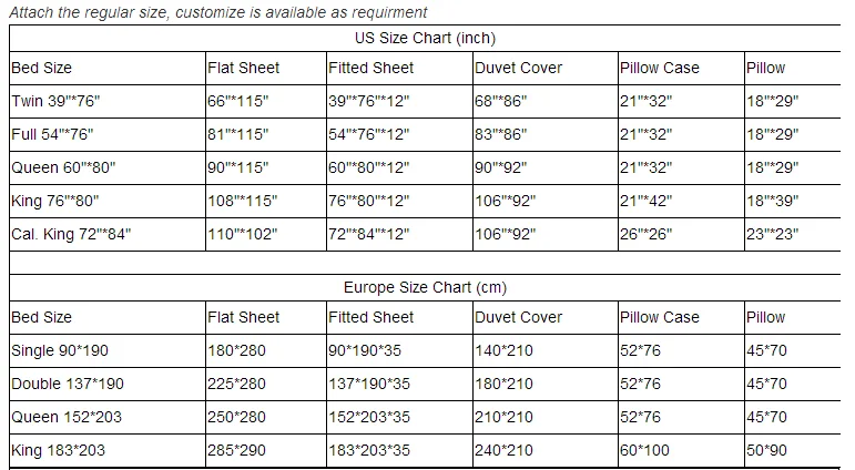 Flat Bed Sheet Size Chart