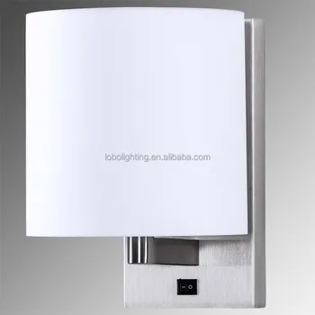 Brushed Nickel Hotel Wall Sconce With On Off Rocker Switch At Back Plate And White Frosted Acrylic Diffuser Closed Top