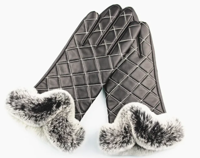 Women fur trim embroidery leather gloves with rex rabbit fur gloves