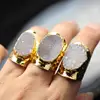 AM-YGH289 White AB Druzy Drusy Agate Freeform Oval Big Stone Rings with Gold Filled