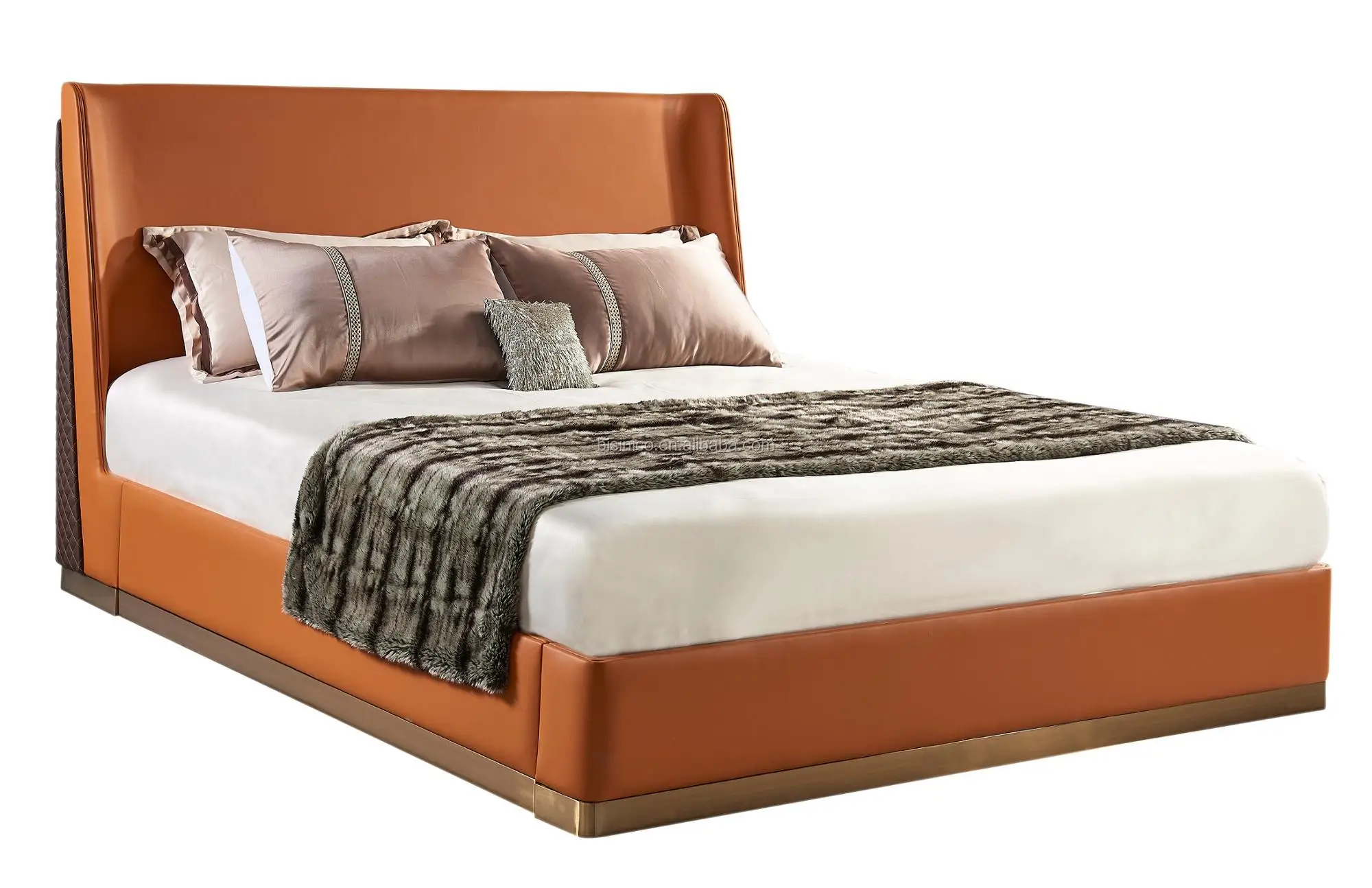 Postmodern Irregular Genuine Leather Stainless Steel King Size Bed