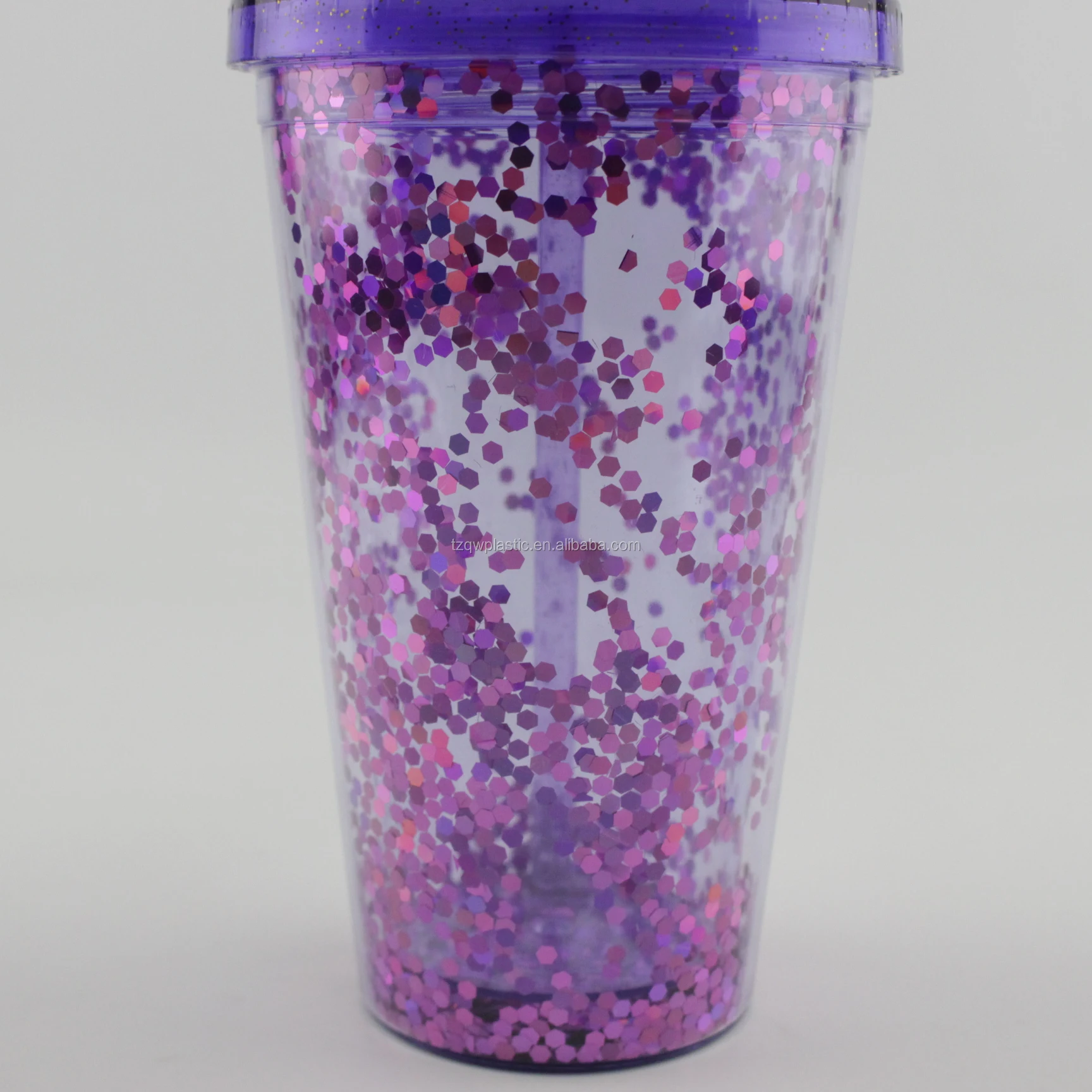Double Wall Glitter Straw 16oz Plastic Glitter Drinking Tumbler Plastic