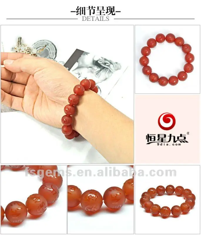 Unisex Vintage Style Silver Bracelet With 14mm Red Brazilian Agate Gemstone Ball Shape Star & Number Pattern for Gift or Party