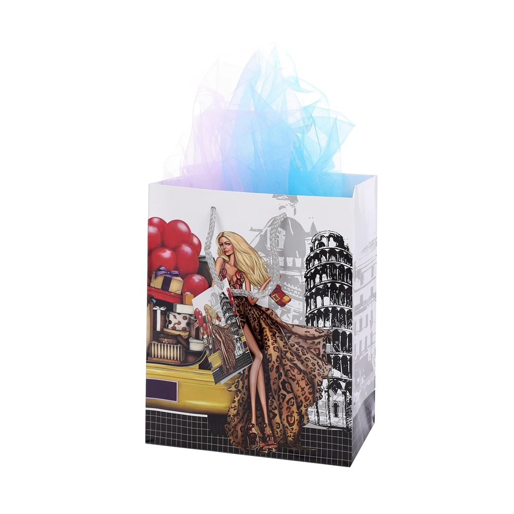 Fashionable Print Storage Gift Shopping Paper Bag With PP Rope Handles
