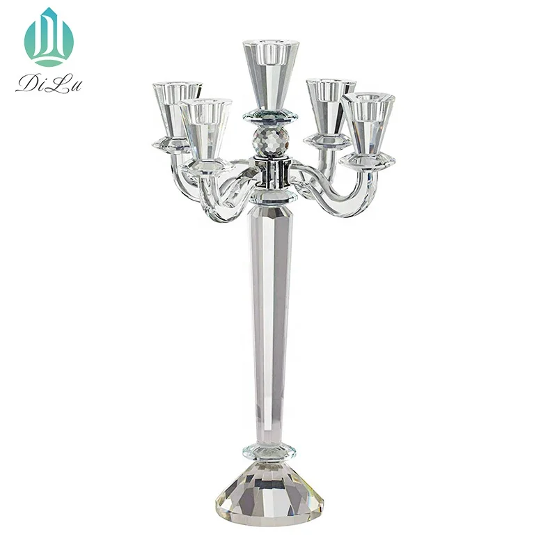 Wedding Centerpiece Decorations Long Stem 5 Arm Crystal Candelabra Glass Table Top Candle Holder 6711