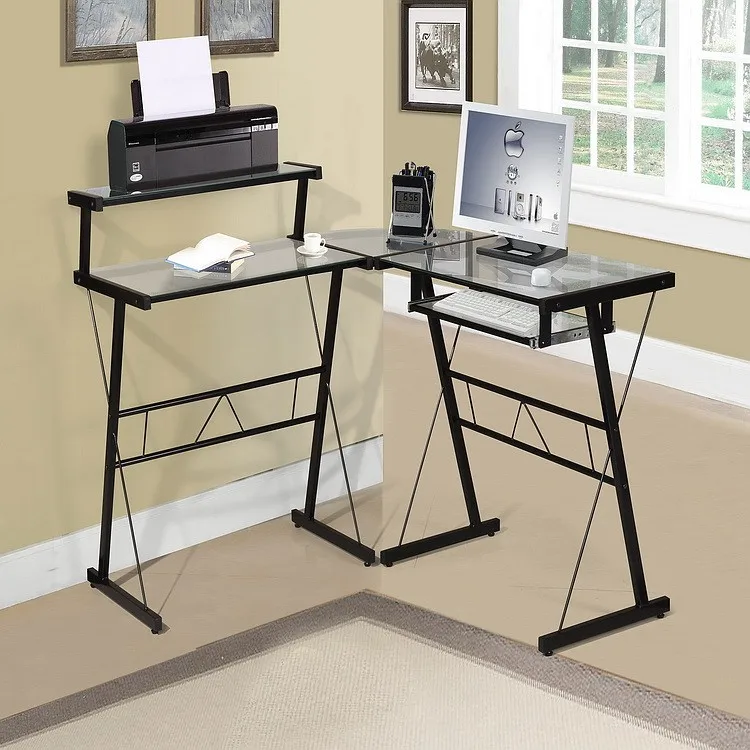 Steel Office Desk With Keyboard Drawers Glass Top Metal Computer