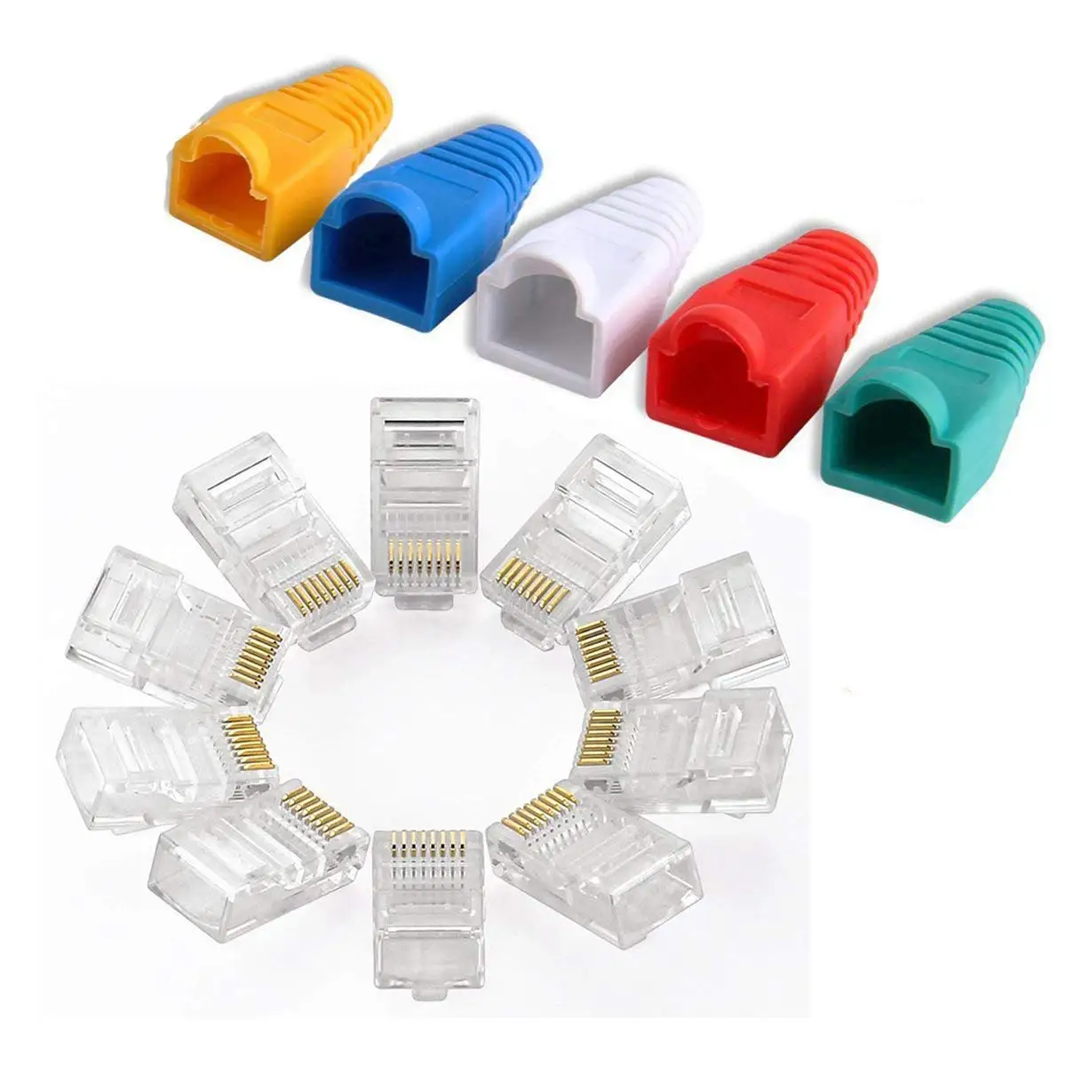 abcGoodefg 100PCS RJ45 Boots Cover And Connector Network Cable Crimp Ends Plug Transparent 8P8C Ethernet Crimp Connector (Clear Connectors)