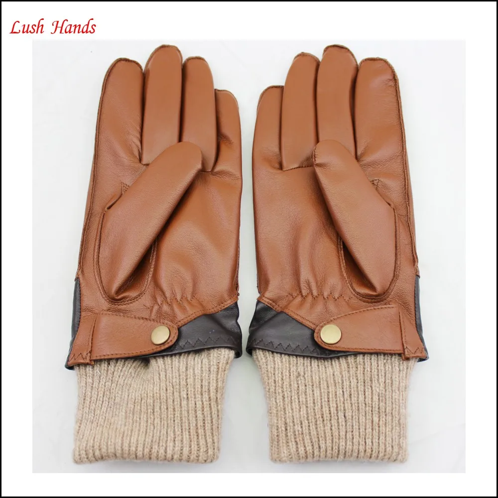 2016 men's brown leather gloves two tone colors leather gloves knitted rib top and belt buckles