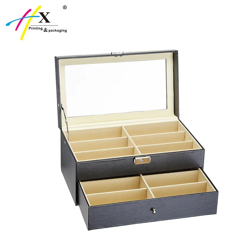 Wooden Leather Box Eyeglasses Eyewear Jewelry Watch 2 Drawers
