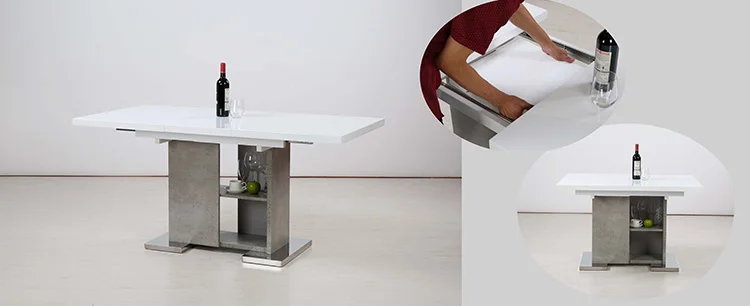 Modern mdf furniture white high gloss extendable expandable adjusted luxury wooden dining table with metal stand\t