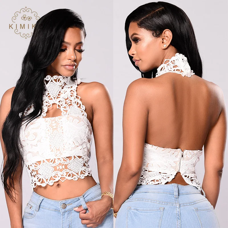 Summer Women Halter Tank Tops Sexy White Lace Backless Crop Tops