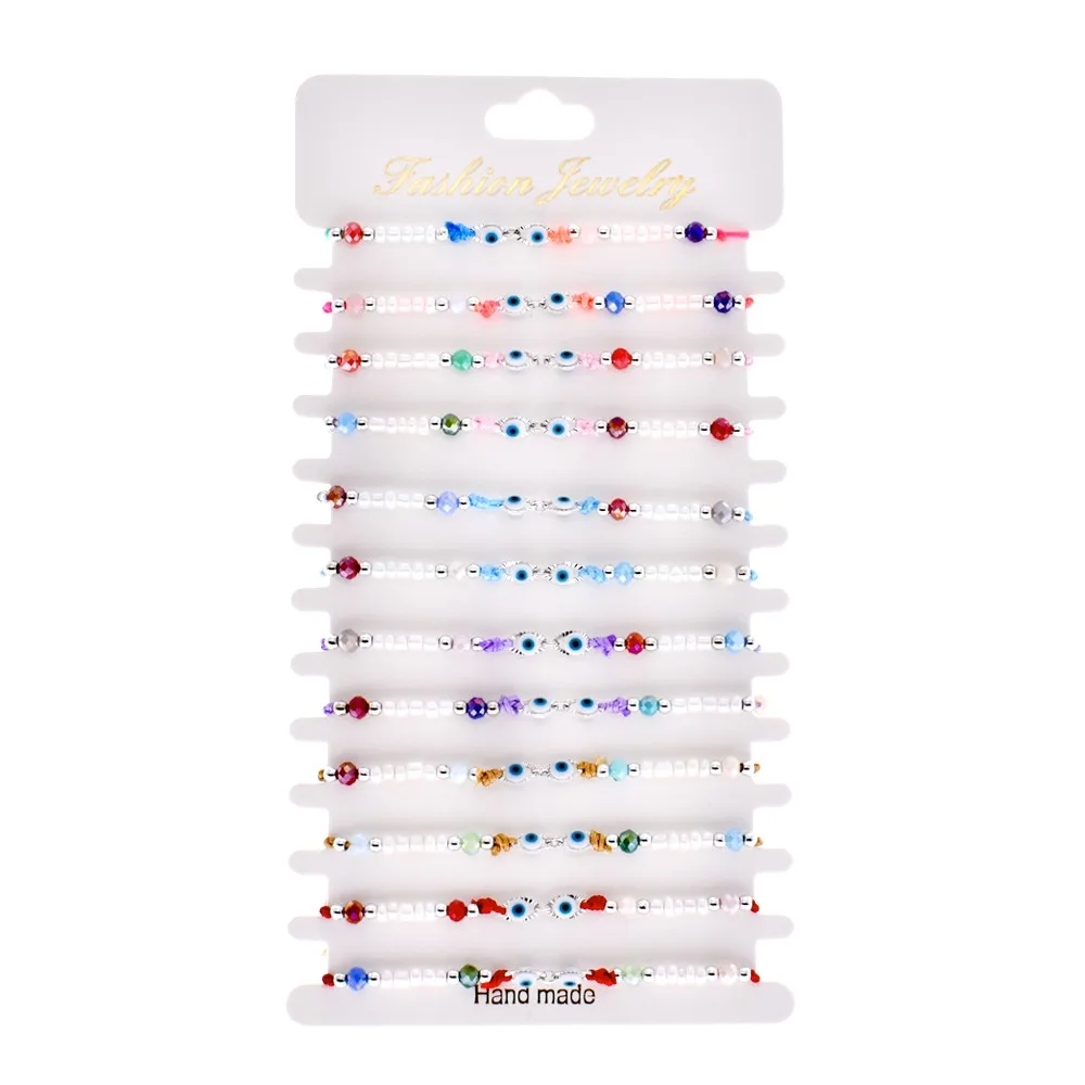 Handmade Rice Bead Rainbow String Bracelet Adjustable Bule Eye Ball