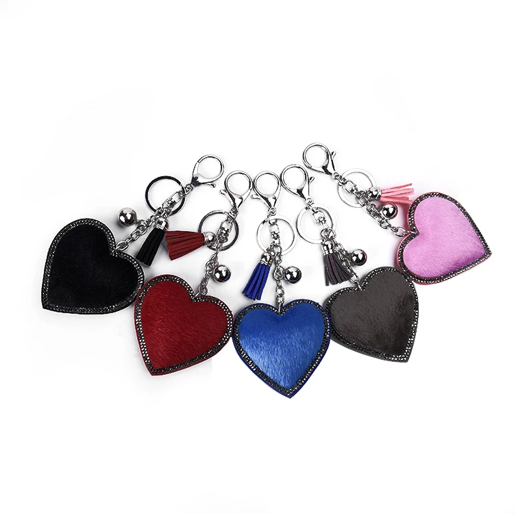 Wholesale Bulk Leather Tassel Keychain Plush Rhinestones Heart Keychain