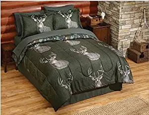 8 Piece Trophy Buck Deer Themed Comforter Queen Set, Outdoor Cabin Hunting Bedding, Hunter Green Pattern, Log Cabin Cottage Style, Outdoor Wildlife Camouflage Game, Camo Army Reversible