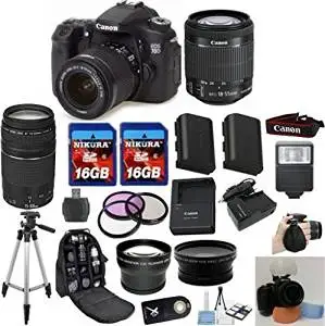 Canon EOS 70D Camera Body with Canon 18-55mm STM Standard Lens Celltime Exclusive Bundle with Canon 75-300mm III Zoom Lens + .43x Wide Angle Lens + 2.2x Telephoto Lens + Professional Hand Grip + Full Size Tripod + Extra High Capacity Battery + Extra AC/DC Rapid Charger + 2pcs 16GB Memory Cards +