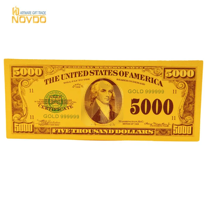 Stunning 5000 usd gold banknote for Decor and Souvenirs 