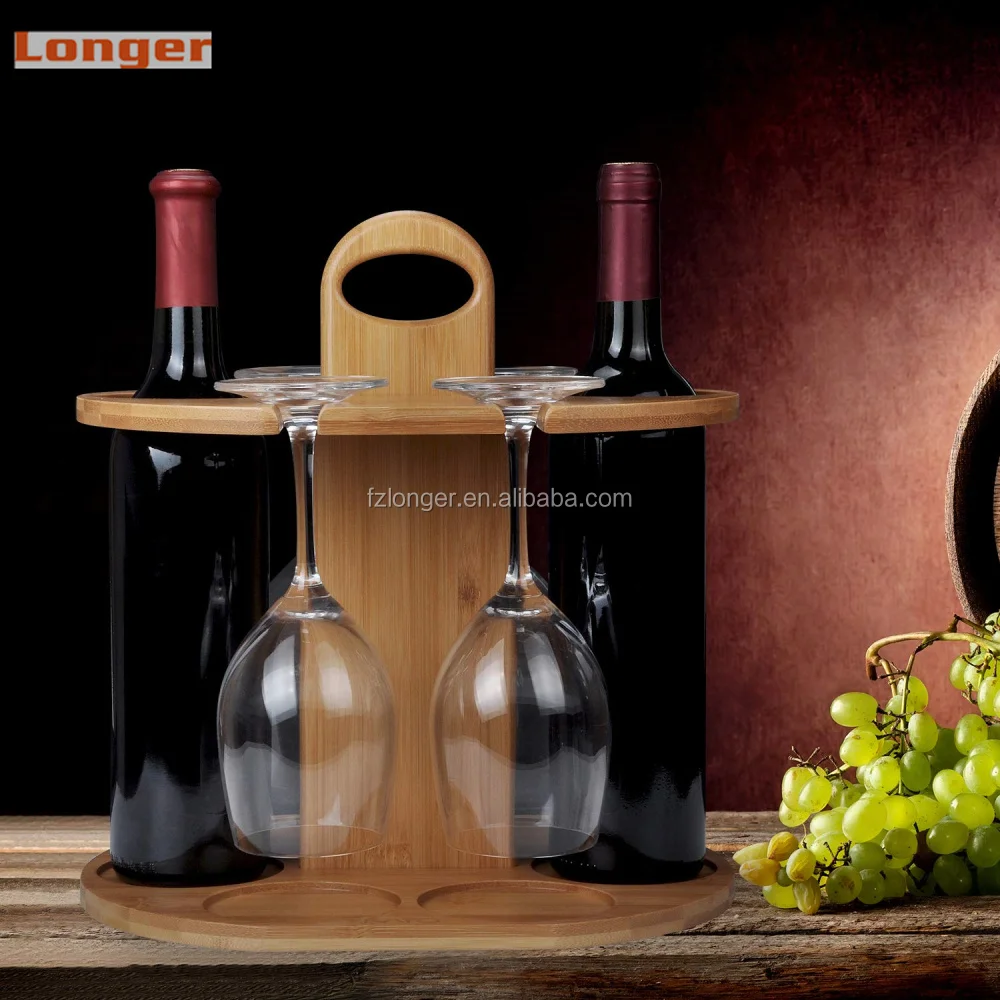 4 Wine Glasses Drying Rack And 2 Bottle Wine Holder,Nature Bamboo