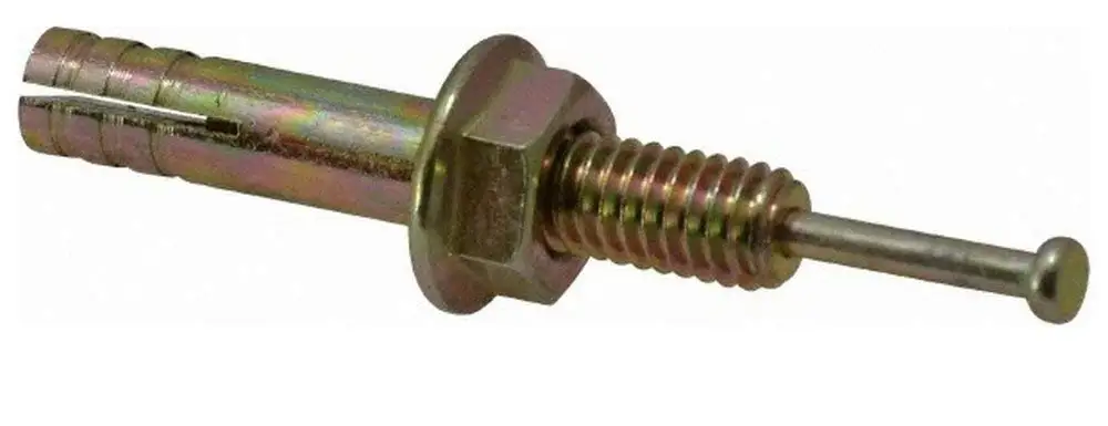 5/16" Diam, 2-3/8" OAL, Grade 5, Hammer Drive Concrete Anchor Iron Pin, Steel Body, Zinc Yellow Dichromate Coated, 1-3/8" Min Embedment, Hex Nut Head, Hex Drive, 1/4" Drill