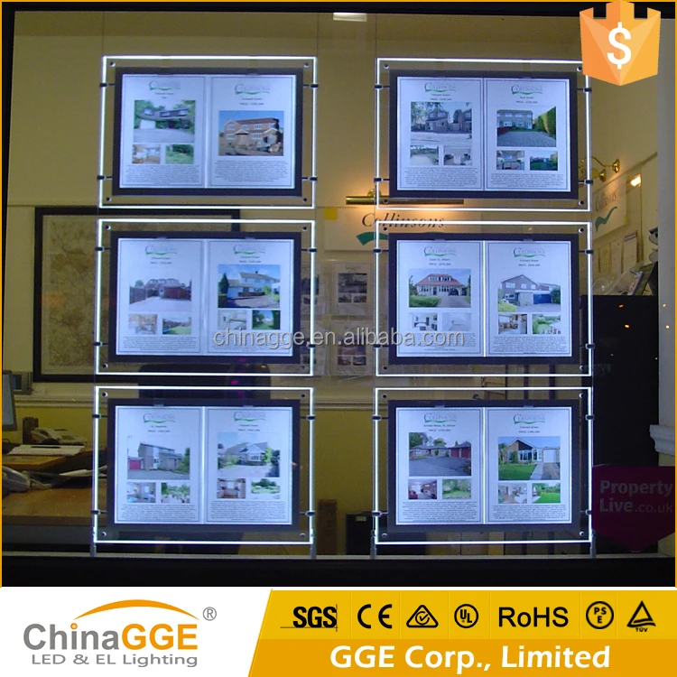 Real Estate Agent LED Illuminated Window Display LED Light Pockets LED Edgelit Acrylic Light Up Picture Frame