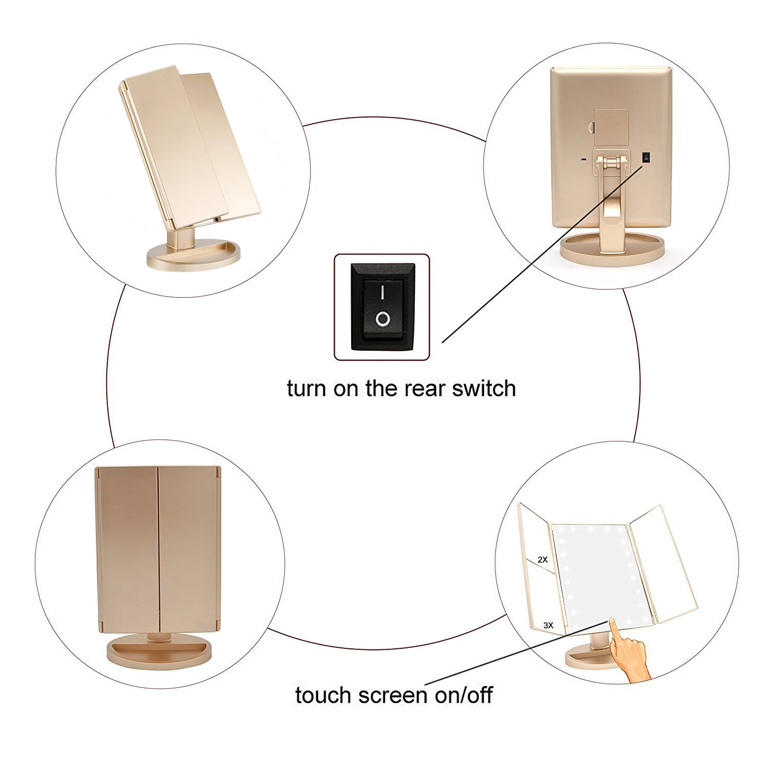 LED Make up Mirror trifold 3X 2X 1X Magnifying Mirrors with Touch Screen and 180 Adjustable Stand Vanity Mirror