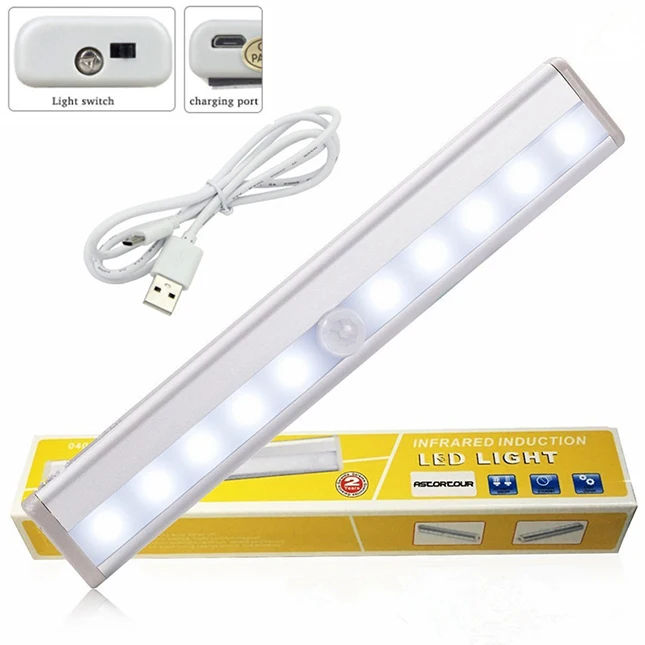 USB Rechargeable Closet Lights Motion Sensor 10 LED Portable Wireless Light Bar Cabinet Kitchen closet Night Light with Magnet