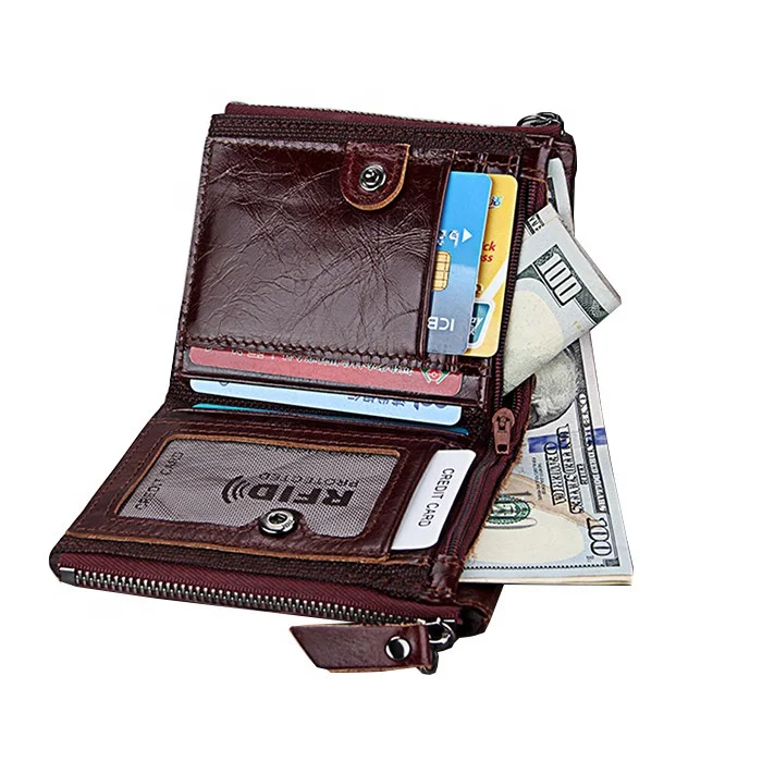Fashion cowhide men's wallet leather short anti-theft brush wallet zipper card holder