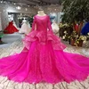 LSS295 evening dress long sleeve elegant pink beaded applique peplum evening gown