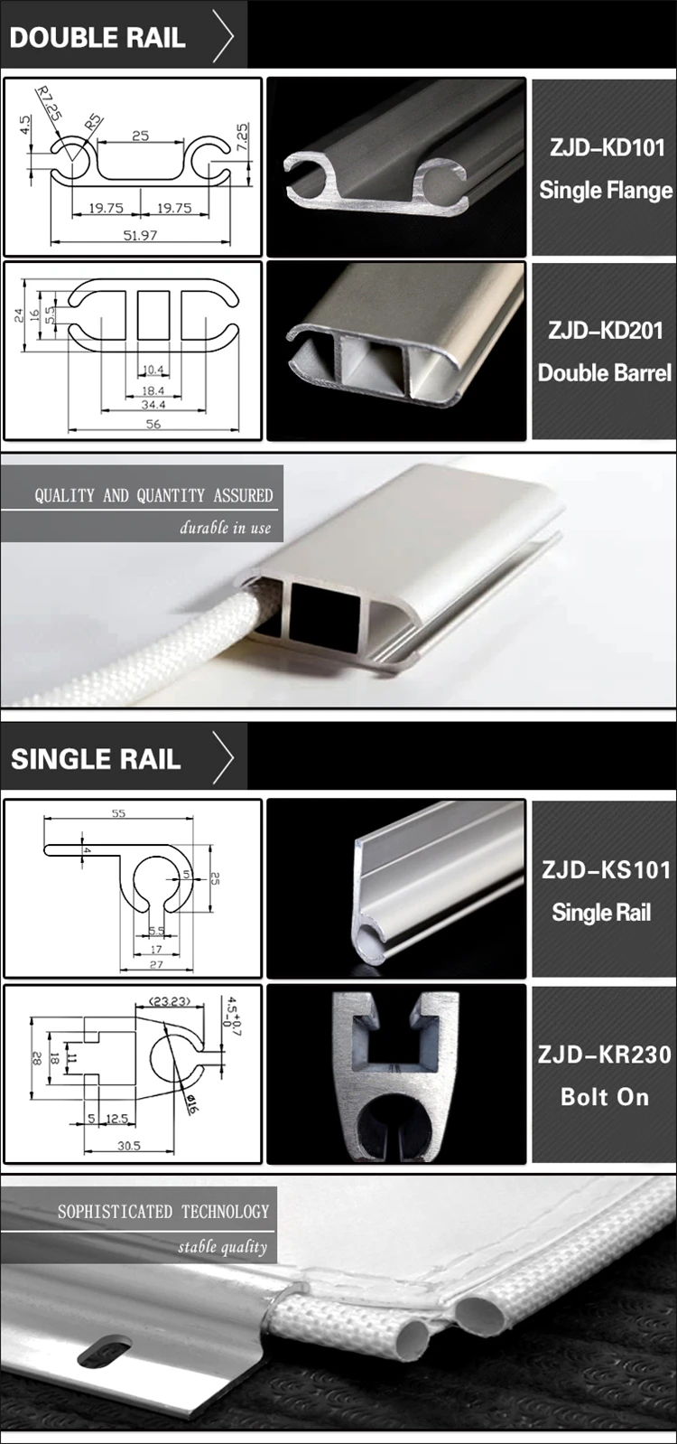 aluminium extrusion rail keder, lightweight keder
