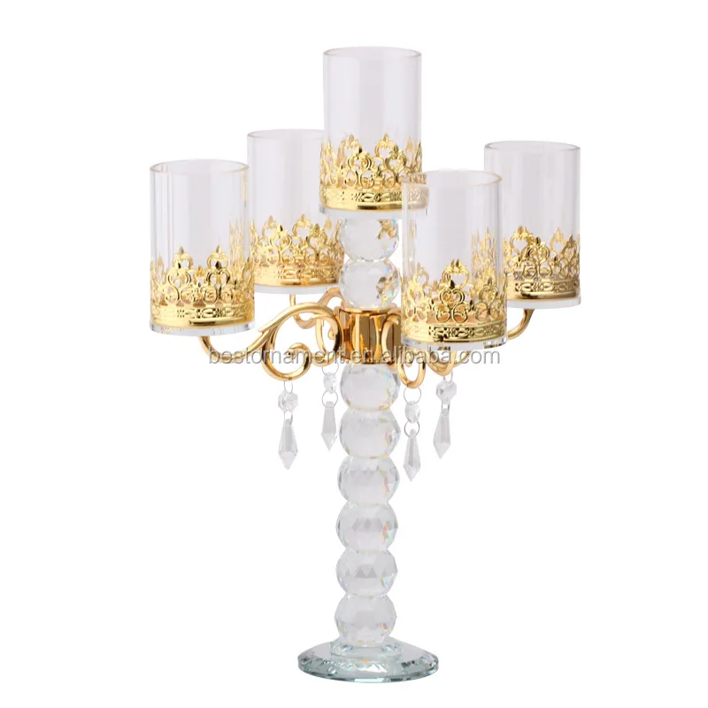 Regal Art 5 Arm Crystal Glass Gold Tabletop Candelabra Votive Candle