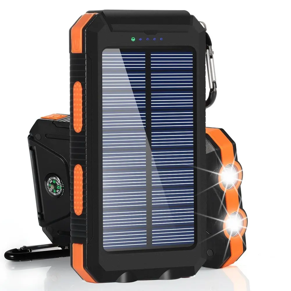 BESWILL Solar Charger, 10000MAH Solar Phone Charger Waterproof External Battery Pack Dual USB Solar Power Bank with 2 Flashlights Carabiner and Compass for Smart Devices