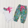 Summer Fashion Design Customized Logo Short Sleeve Round Neck Cotton Baby Girl Top And Floral Pant Outfit