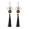 2019 Winter New Coming Gold Filled Turquoise Stone Wood Decorated Long Black Tassel Earrings