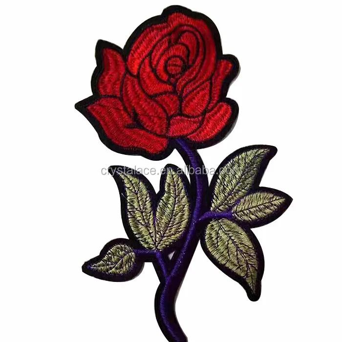 Red rose iron-on embroidery patch, iron-on fabric applique