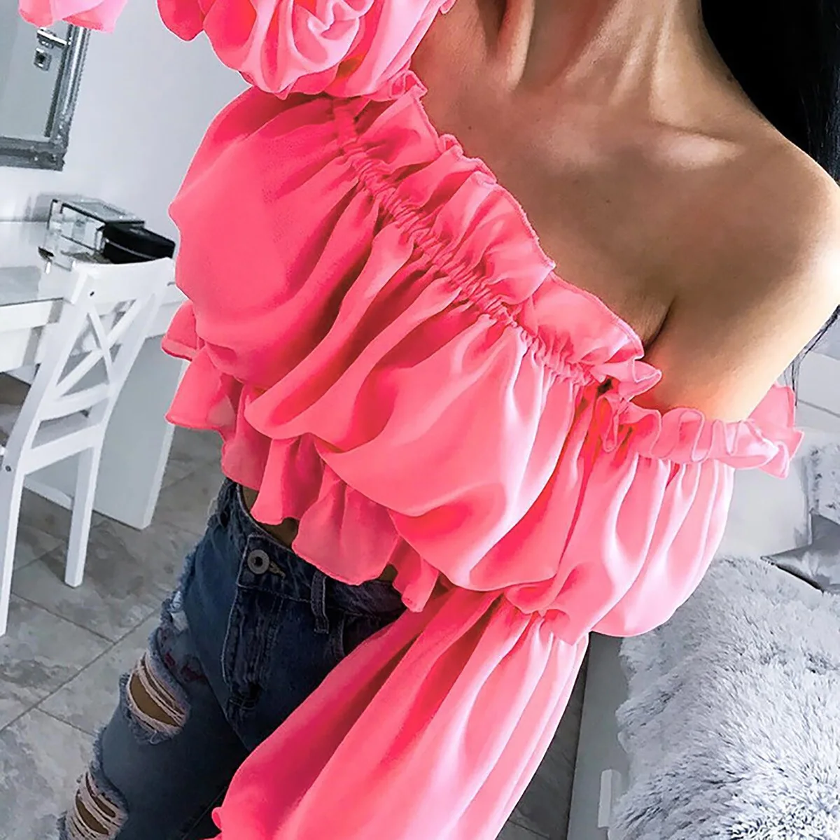 Sexy Off The Shoulder Blouse Ruffled Sleeve Ladies Tops For Summer 