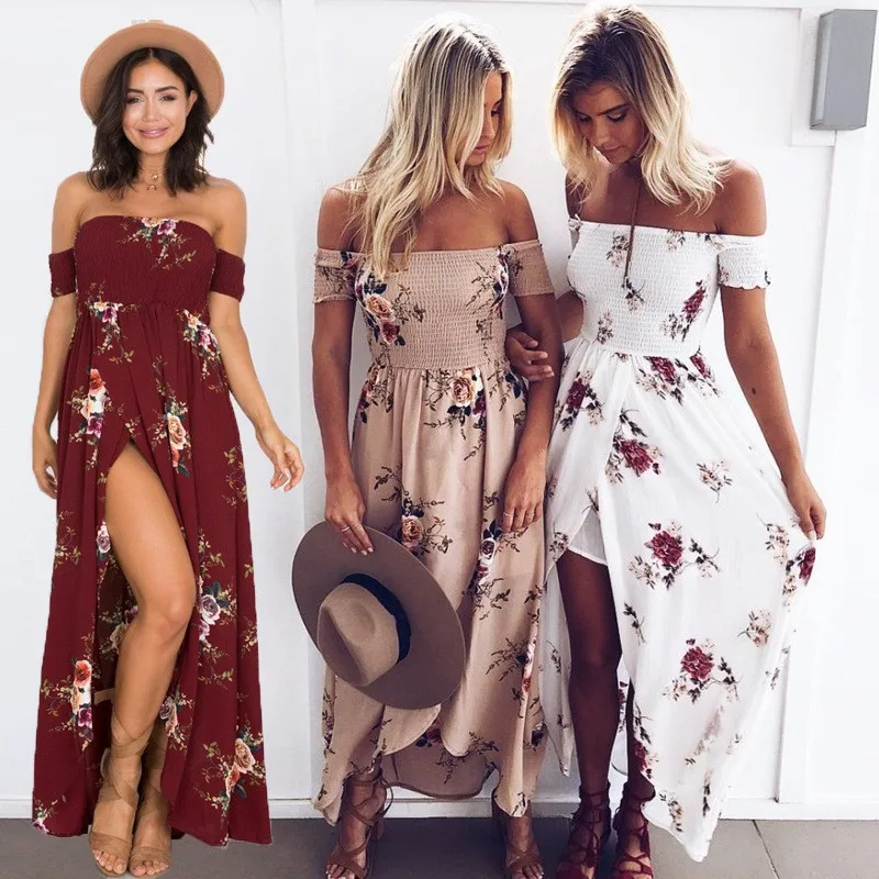 2019 new Boho style long dress women Off shoulder beach summer dresses Floral print Vintage chiffon white maxi dress vestidos