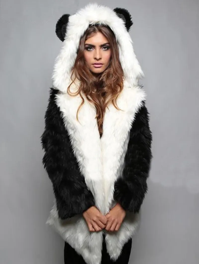 Fashion Winter Women Faux Fox Fur Coat Hooded With Cat Ears Thick Warm Long Sleeve Black Fake Fur Jacket gilet fourrure