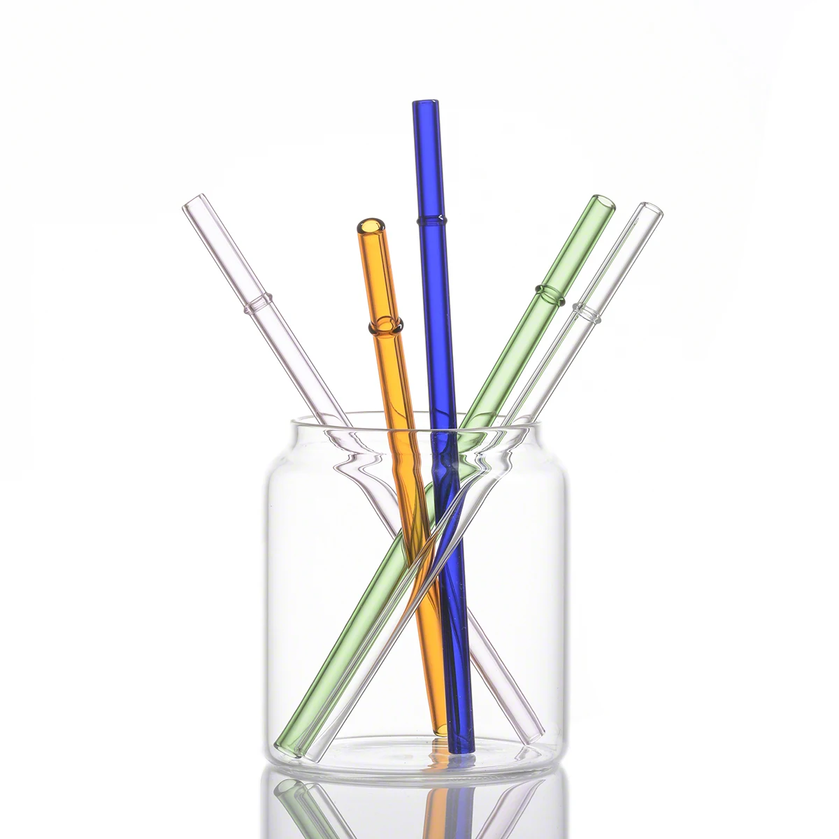 OD 8mm x L19.5cm Straight Bamboo Joint Design Borosilicate Glass Drinking Straws With Cleaning Brush