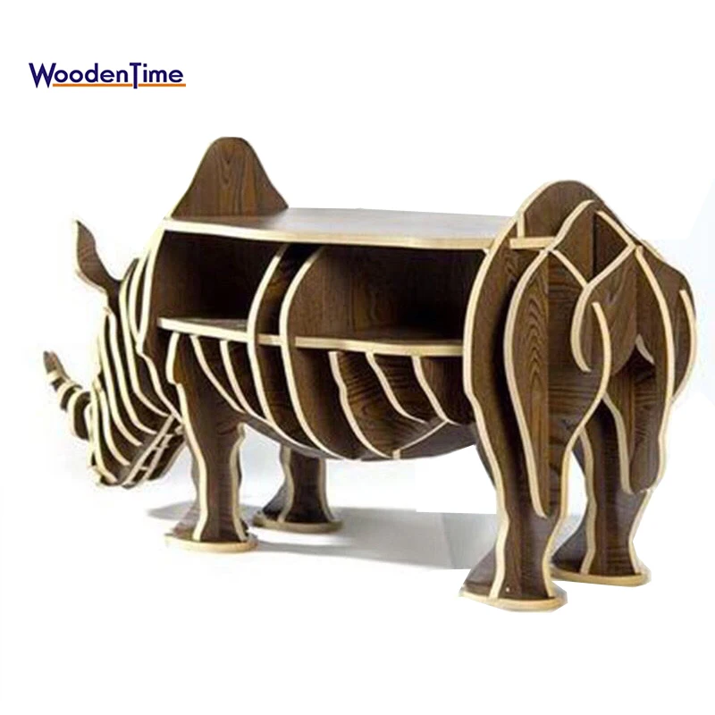 2019 Best design art craft wooden creative animal shaped wooden tea table rhinoceros bookshelf for home decor