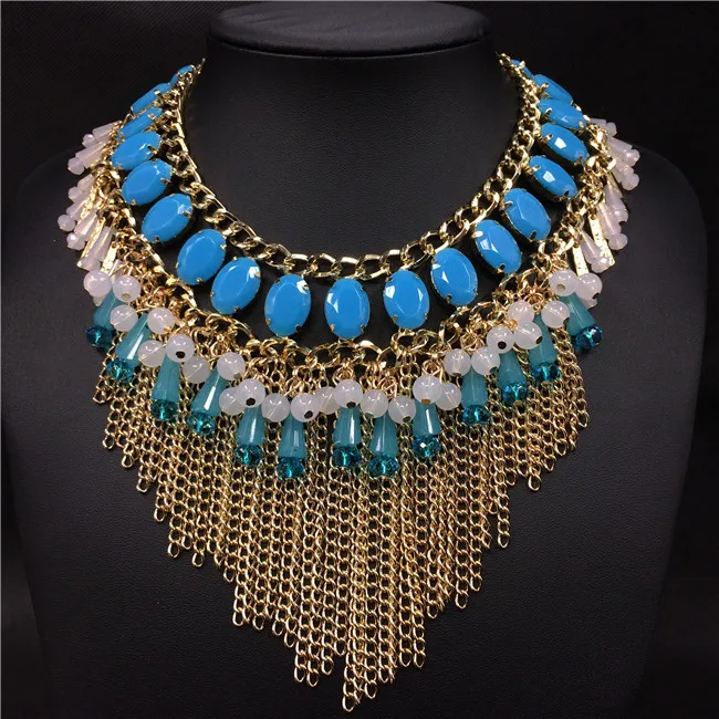 2015 primavera verano moda de nueva diseño mujeres azul cristal tassel multicapa choker collar