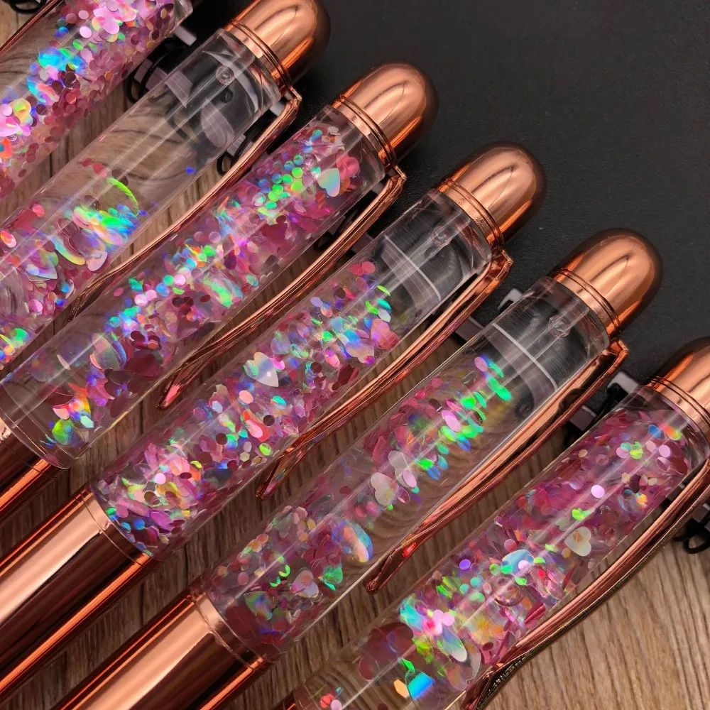 Rose Gold Writing Ballpoint Floating Heart Confetti Holographic Pen ...