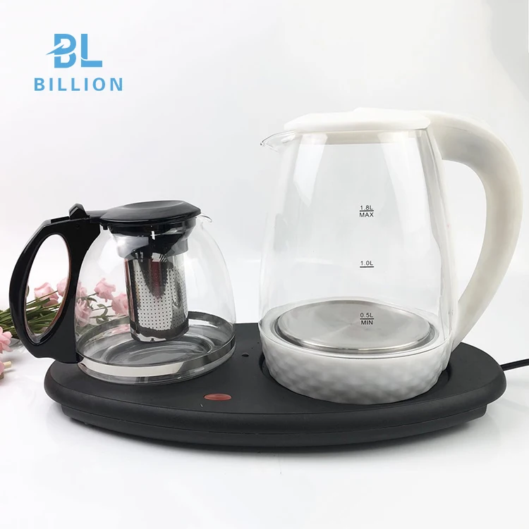 1.8l Blue Led Light Glass Electric Kettle Hotel Kettle Tray Set With