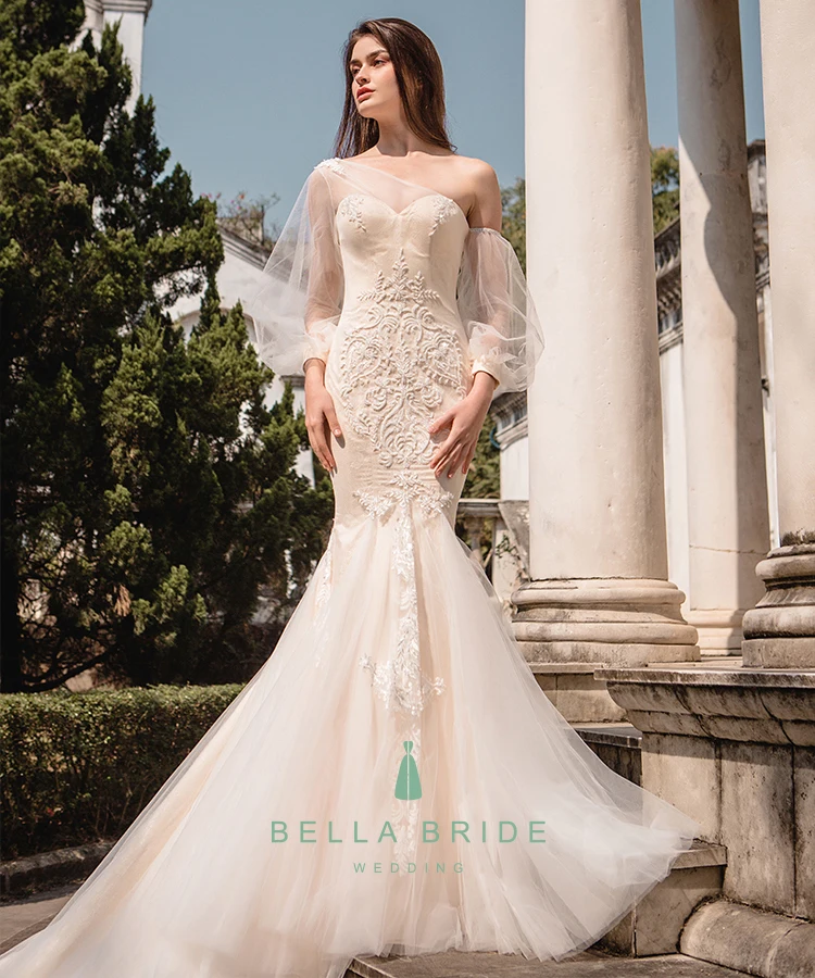 One Shoulder Long Sleeve Sexy Mermaid Wedding Dress 2017 New