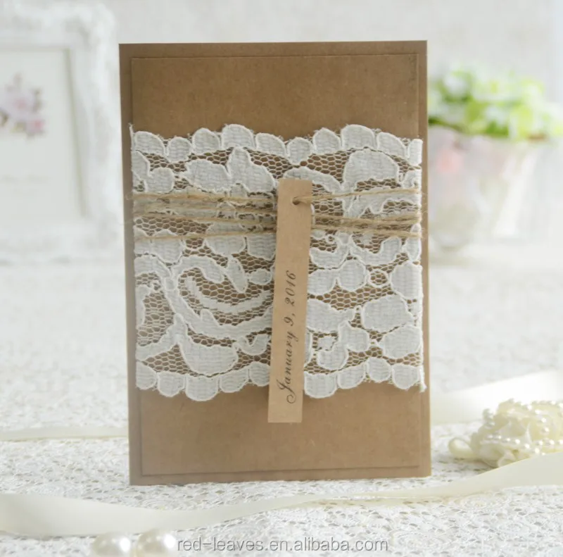 Laminated Handmade Kraft Paper Wedding Invitations Cards With Lace