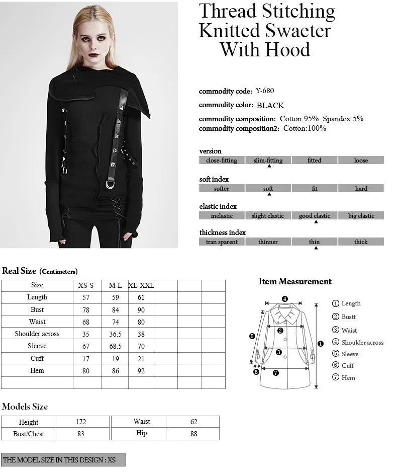 Y-680 PUNK RAVE Street Decadent Thread Stitching More Layers Knitted Sweater With Hood