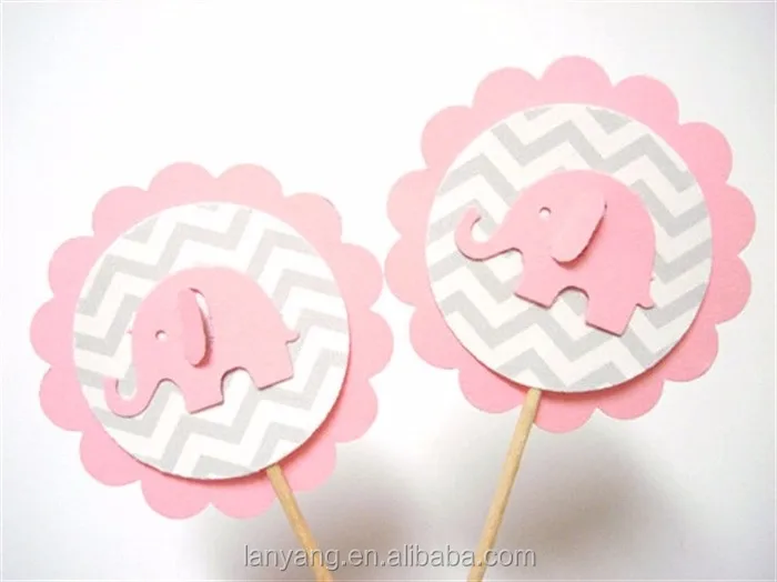 Customized Round Pink Elephant Girl Cupcake Picks Baby Shower