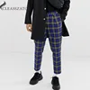 high quality men's grid business pants blue check men skinny fit trousers
